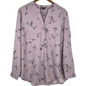 Hilary Radley Mauve & Floral Pattern V-Neck  Button Cuff Long Sleeve Blouse L
